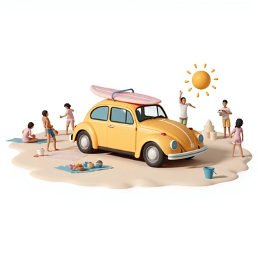 A colorful Beetle car, painted in bright yellow, is parked on the soft, sandy beach. The car's windows are down, and a surfboard is strapped to the roof. Surrounding the car, a diverse group of people is gathered, enjoying a beach party. Some are playing beach volleyball, while others are sitting on beach towels and enjoying snacks. A couple of children are building a sandcastle nearby, with buckets and shovels in hand. The sun is shining brightly, creating a lively and cheerful atmosphere for the gathering.