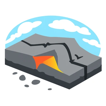 An illustration showing two tectonic plates colliding at a reverse fault. The upper plate is depicted being pushed upwards over the lower plate, creating a steep, jagged slope at the fault line. Each tectonic plate is colored distinctly, with the upper plate in dark gray and the lower plate in lighter gray. The surrounding area features cracks and fissures in the earth, emphasizing the tension and movement. Small rocks and debris scatter around the base of the slope, highlighting the geological activity of the area. The sky above is depicted with light hues that suggest a dynamic atmosphere, hinting at the forces at work beneath the surface.