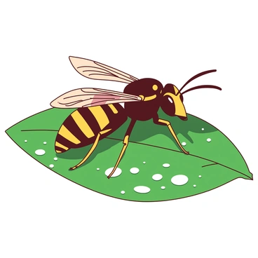 A close-up view of a hornet with intricate yellow and black stripes resting on a green leaf. The leaf is adorned with numerous translucent droplets of dew, glistening in the soft morning light. The hornet's wings are slightly opened, displaying their delicate veining. The background is softly blurred, emphasizing the hornet and the dewy leaf in vivid detail.