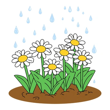 Raindrops gently falling from a gray sky onto a patch of bright white daisies with yellow centers. The daisies have green stems and lush green leaves. The ground is a rich brown, slightly muddy from the rain, with droplets creating small splashes as they hit the petals. A few raindrops are perched on the petals, glistening in the light. The overall atmosphere is lively, filled with the freshness that comes after a rain shower.