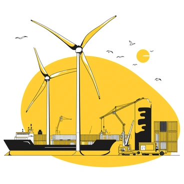A row of large wind turbines with sleek blades rotating in the breeze stands prominently against the sky. Nearby, a port bustling with activity features several cargo ships docked at the pier. Containers in various sizes and colors are being loaded onto the ships by crane. The scene is filled with workers in safety vests coordinating the operation. A large container stack is visible in the background, while seagulls fly overhead.