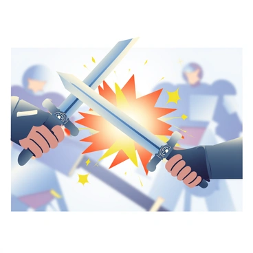 A close-up of two swords clashing together in a fierce battle scene. The swords are intricately designed, one with a silver blade and ornate hilt, while the other has a dark, sleek finish. Sparks are flying from the point of impact, illuminating the blades. The background is blurred, suggesting movement and intensity, with hints of armor and battle dust visible. The scene conveys a sense of tension and energy, highlighting the strength and skill of the combatants involved.