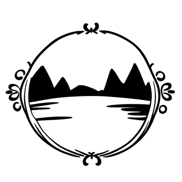 A tranquil lake surrounded by trees sits within an oval frame. The water's surface reflects the outlines of the trees and the calm sky above. Gentle ripples disturb the reflection slightly, creating an interesting contrast. The oval frame is intricately designed, with decorative patterns along the edges.