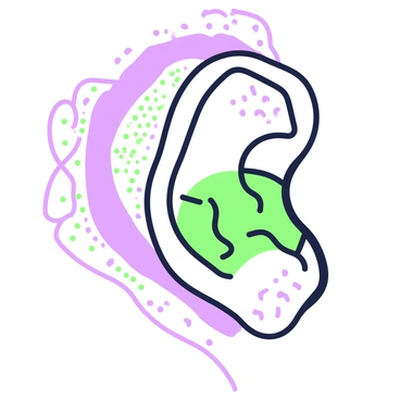 A close-up view of a detailed artificial ear implant seamlessly blending with natural skin. The implant's surface has intricate textures and designs visible, featuring small components that mimic the look of real ear anatomy. The surrounding skin is depicted with realistic pores and fine hairs, showing a natural skin tone. The lighting highlights the contours and slight variations in the skin, enhancing the overall blend between the implant and the ear. In the background, there is a soft focus that emphasizes the ear without adding any distracting elements.