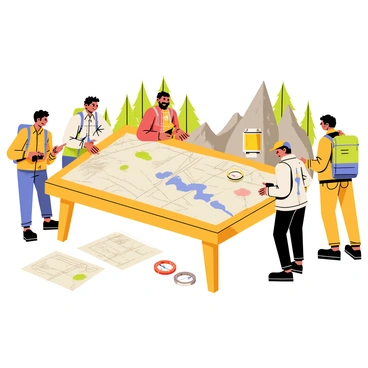 A group of explorers is gathered around a large wooden table covered with detailed maps. Several compasses are scattered across the table, glinting in the light. The explorers wear rugged outdoor clothing and carry backpacks. One of them is pointing at a specific location on a map with an enthusiastic expression. In the background, there are trees and rocky terrain suggesting an uncharted area. A few rolled-up maps are leaning against a wall, hinting at the ongoing exploration.