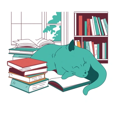 A teal cat is nestled among stacks of books in a white and cozy library. The cat has its eyes closed, resting comfortably on a pile of books with colorful spines. Surrounding the cat, there are various books arranged haphazardly, with some open and others closed. The library's wooden shelves are filled with books reaching up to the ceiling, creating a warm and inviting atmosphere. Sunlight filters through a nearby window, casting gentle shadows on the floor where the cat is curled up.