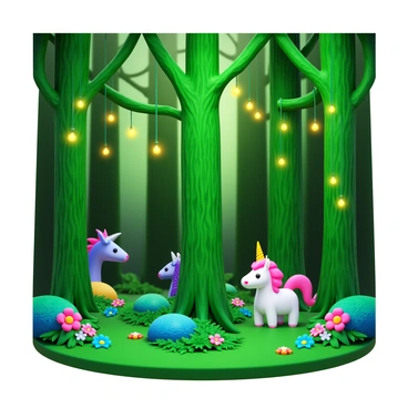 A forest filled with tall, lush trees, their trunks covered in vibrant green moss. Small, glowing "fairy lights" hang from the branches, casting a warm, magical glow throughout the scene. Various "mythical creatures" can be seen peeking out from behind the trees, including a small dragon with shimmering scales and a unicorn with a sparkling horn. The forest floor is dotted with colorful flowers and soft ferns, creating a rich tapestry of life and color.