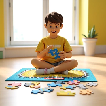 A child with short brown hair is sitting cross-legged on a bright, patterned mat. The child is focused on assembling colorful puzzle pieces scattered around. Each puzzle piece is vibrant and features different symbols representing lessons learned, such as a light bulb for ideas, a heart for kindness, and a book for knowledge. The child's expression shows concentration and joy as they connect the pieces together, surrounded by a few completed sections of the puzzle. The room is well-lit, with soft sunlight streaming through a window, illuminating the cheerful atmosphere.