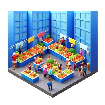 A 3D icon of a bustling city market scene. The market is filled with various stalls displaying colorful fruits and vegetables. Shoppers are interacting, inspecting goods, and engaging in lively discussions. There are vibrant banners and signs hanging above the stalls. A street musician is playing an instrument in one corner, adding to the vibrant atmosphere. The buildings surrounding the market are tall and modern, with glass facades reflecting the activity below.