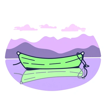 An old wooden boat is gently floating on a calm water body. The boat has peeling paint and a weathered look, with a few ropes coiled at the side. The water reflects the soft outlines of the boat, creating a mirrored effect. The sky above is dusky, with hints of purple and green in the clouds, casting a serene ambiance over the scene. In the background, there are faint silhouettes of distant hills partially obscured by the evening mist. The overall atmosphere conveys a sense of stillness and solitude.