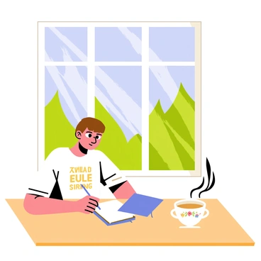 A person sitting at a wooden table next to a large window. The window frame is painted white and allows soft sunlight to filter through, illuminating the space. The person, dressed in comfortable clothing, has a focused expression while writing in a blue notebook. On the table, there is a steaming cup of tea with a delicate floral pattern. Outside the window, there are vibrant green trees swaying gently in the breeze and a clear blue sky. The scene conveys a sense of calm and contemplation.