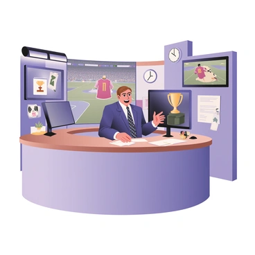 A sports commentator is sitting at a modern studio desk, animatedly discussing a game. The commentator is a man with light brown hair, wearing a navy blue suit and a patterned tie. He is gesturing with his hands as he speaks, and there is a microphone in front of him. Behind him, there are large screens displaying highlights from the game, featuring colorful graphics and dynamic action shots. The studio is bright and filled with sports memorabilia, including jerseys and trophies. A clock on the wall shows the current time, and the atmosphere is lively with excitement.