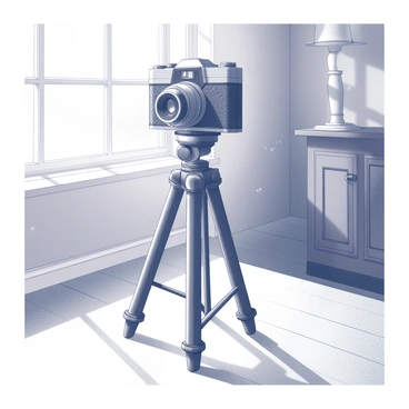 A vintage camera is positioned atop an old-fashioned wooden tripod. The camera features intricate details, such as a prominent lens and a textured body, indicating its age. The tripod has elegantly turned legs and shows signs of wear, suggesting years of use. Sunlight streams through a nearby window, casting soft shadows across the room's surface. Dust particles are visible in the light, adding to the atmosphere of nostalgia. The room contains wooden flooring and may have vintage decor elements visible in the background.