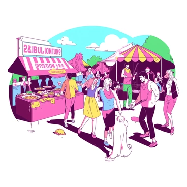 A bright scene of a summer festival reception is depicted. There are multiple food stalls, each with colorful signs and various food offerings. Some stalls are serving vibrant dishes, while others display an array of snacks and drinks. In the background, a small stage features a live band performing, with musicians actively playing instruments. Groups of people are enjoying the music, with some dancing energetically under the warm sun. The atmosphere is lively, filled with laughter and excitement from the crowd.