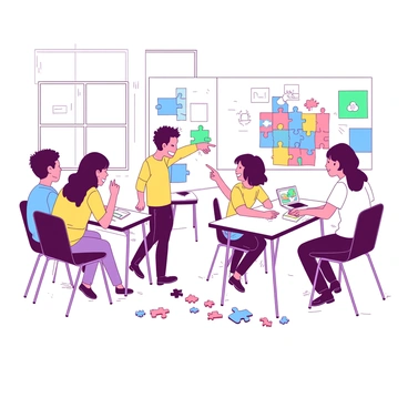 A white classroom features a large colorful puzzle displayed on the wall, with various pieces scattered around it. Several students are seated at wooden desks, collaborating enthusiastically. One student is pointing at a specific piece on the board, while another is holding a piece, contemplating where it fits. A third student is looking at a small reference image on their desk. The floor is covered with scattered puzzle pieces, and a bright sunlight filters through the windows, illuminating the scene.