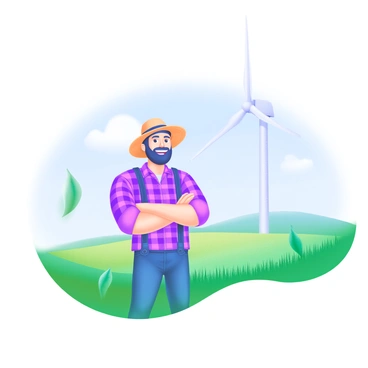 A farmer standing proudly with a wide smile in front of a large, white wind turbine. The farmer is wearing a plaid shirt, blue jeans, and a straw hat. Surrounding the farmer, there are green fields of crops swaying gently in the breeze. The wind turbine towers in the background, its blades turning slowly against a clear blue sky. Sunlight casts soft shadows on the ground, highlighting the farmer's robust figure and the vibrant colors of the landscape.