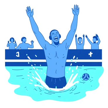 A blue water polo player is raising both arms in the air, celebrating triumphantly after scoring a goal. Water is splashing around as the player is positioned in the center of a teal swimming pool. The player's face is filled with joy, and droplets of water are shimmering in the sunlight. In the background, there are cheering spectators, their silhouettes visible above the pool edge. The ball is floating nearby, just beyond the player's reach.