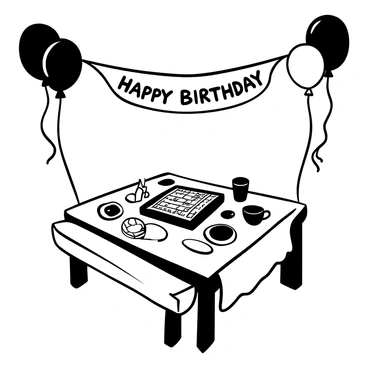 A picnic table is adorned with "Happy Birthday" written on a banner above it. Several black and white balloons are tied to the corners of the table, gently swaying in the air. In the center of the table, there is an intricately designed Ouija board placed on a delicate tablecloth. Various black and white picnic items, such as plates and cups, are arranged around the Ouija board, contrasting with the playful atmosphere. A light breeze appears to rustle the tablecloth slightly.