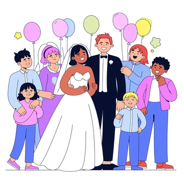 A group of family members standing together around the bride and groom. The bride is wearing a white wedding dress with lace details, while the groom is in a classic black tuxedo. Family members are showing joyful expressions, with some giving hugs and others smiling widely. The background features simple decorations like pastel-colored balloons and flowers.