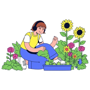 A gardener with short brown hair is wearing black headphones while tending to a variety of plants. The gardener is kneeling on the ground, gently watering vibrant flowers in a lush, blooming garden. Colorful blossoms, including red roses and yellow daisies, are scattered throughout the garden, providing a rich array of colors. Green foliage surrounds the gardener, and a few tall sunflowers stand proudly in the background, reaching towards the sky. The scene captures the peaceful activity of gardening amidst a flourishing environment.