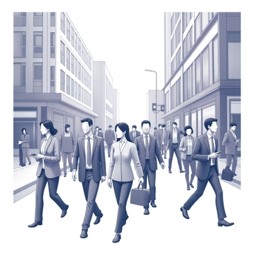 A busy city street scene filled with pedestrians. Individuals of various backgrounds are walking briskly along the sidewalk. Some are dressed in formal work attire, while others wear casual clothing. A few people are carrying briefcases or bags, and others are using their smartphones as they move. The street is lined with tall buildings, each displaying large glass windows. There are road signs and traffic signals visible in the scene, adding to the urban environment. The atmosphere suggests a bustling morning commute.