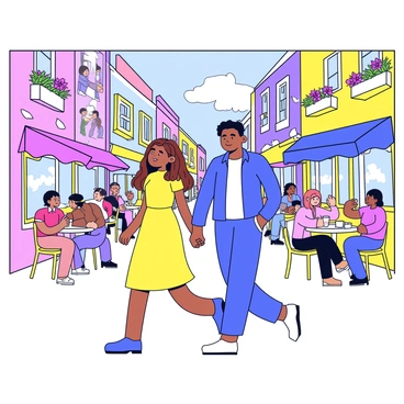 A young couple walking hand in hand through a vibrant city. The woman has long brown hair and is wearing a bright yellow dress. The man has short black hair and is wearing a casual blue shirt and jeans. Around them, there are colorful street art murals on the walls, featuring bold designs and various patterns. Bustling cafes line the street, with tables outside where people are sitting and enjoying their drinks. Some flowers in pots are placed on the window sills of the cafes, adding to the lively atmosphere.
