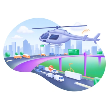 An R66 helicopter is hovering above a busy highway, equipped with advanced monitoring equipment. The helicopter is painted in a sleek, metallic gray, reflecting sunlight as it flies. Below, the highway is filled with various vehicles, including cars, trucks, and buses, all moving in different directions. Traffic signs line the sides of the road, displaying information for drivers. In the background, a city skyline can be seen, with tall buildings stretching towards the sky. A few clouds are scattered across the blue sky, creating a dynamic scene.