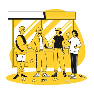 A group of three teenagers standing together in front of a convenience store, engaged in conversation. One teenager has short hair and is wearing a yellow hoodie, while the second has long hair, dressed in a black t-shirt and jeans. The third teenager is eating a snack from a bag and is wearing a yellow cap. Scattered around them are various snacks and drinks, with a few wrappers on the ground. The store is visible in the background, with bright signage and large windows reflecting the daylight.