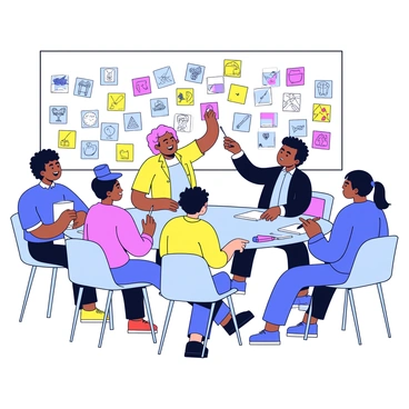 A team of illustrators brainstorming ideas with sticky notes and sketches covering a wall.