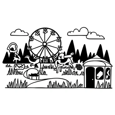An abandoned amusement park with rusting rides scattered throughout the scene. A large Ferris wheel stands in the background, partially overgrown with weeds, while a carousel is tilted to one side, its horses covered in dust. Weeds and wild plants engulf the pathways, and a broken ticket booth sits forlornly at the entrance, with shattered glass. The sky above is cloudy, adding to the atmosphere of neglect and abandonment.