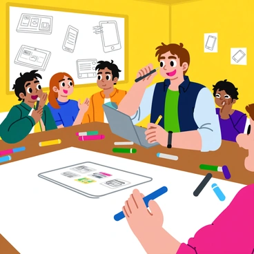 A player with short brown hair is focused on sketching a smartphone on a large piece of white paper. The player is seated at a wooden table cluttered with colorful markers and drawing supplies. The smartphone being drawn has a sleek design and a large screen displaying various app icons. Around the table, other players wait in anticipation, some with laughter and excitement on their faces. The background features a vibrant wall decorated with tech-themed posters and drawings of gadgets.