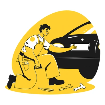 A mechanic kneeling next to a car, closely examining the license plate mounted at the rear. The mechanic is wearing a yellow shirt with the sleeves rolled up and a tool belt at his waist. The license plate features a series of numbers and letters. The car has a shiny black exterior, and tools are scattered on the ground nearby, including a wrench and a screwdriver. The mechanic's focused expression shows his diligence in checking the vehicle registration.