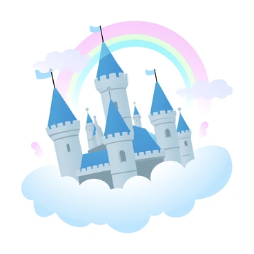 A majestic castle with tall, ornate towers is floating amongst fluffy, white clouds. The castle features intricate stone details and flags fluttering in the gentle breeze. A vibrant rainbow arches elegantly over the castle, its colors bright and distinct against the soft pastel sky. The clouds surrounding the castle are thick and billowy, adding depth to the scene.
