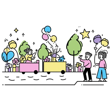 A joyful parade scene is set on a sunny day. Colorful floats are moving down the street, decorated with vibrant flowers and playful designs. Large balloons in various shapes, such as animals and stars, float above the crowd. People are gathered along the sidewalks, wearing bright clothing and smiling widely. Some are waving to the floats while others are laughing and enjoying the festive atmosphere. The background features trees and buildings, adding depth to the lively scene.