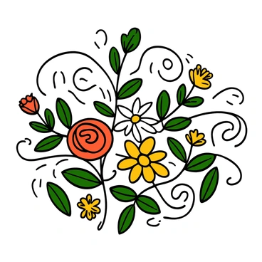 A delicate arrangement of various flowers and leaves is displayed. The flowers include roses, daisies, and lilies, each intricately detailed with flowing lines. The leaves are lush and varied in shape, creating a harmonious composition. The overall arrangement showcases a natural and graceful aesthetic, with swirling lines connecting the elements seamlessly.