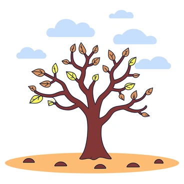 A solitary tree with a rough brown trunk and many branches extending outward. The tree has wilted leaves in shades of brown and yellow, some leaves hanging on while others have fallen to the ground. The barren field surrounding the tree is flat and dry, with patches of brown earth visible. The sky above is a pale blue with a few wispy clouds scattered throughout.