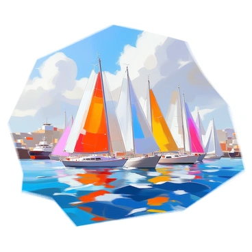 Sailboats racing in the open waters just outside a busy harbor