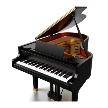 A grand piano with a polished black exterior and a curved shape. The lid is open, revealing the strings and hammers inside. The keyboard consists of 88 white and black keys, with the white keys having a glossy finish. A detailed view shows the soundboard, which is made of fine wood, and the bridge connecting the strings. The piano is positioned on a dark wooden floor in a bright room, with natural light reflecting off its surface.