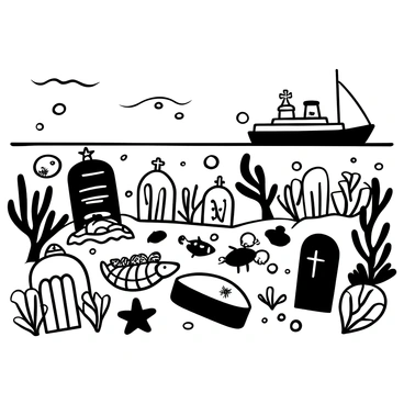 A graveyard with various tombstones and mausoleums resting on the ocean floor, surrounded by corals and seaweed. Sea life such as fish, starfish, and sea turtles swim among the tombstones. Some of the tombstones have barnacles and algae growing on them, showing the passage of time. Bubbles rise from the seabed, creating a sense of movement in the stillness of the graveyard. A large shipwreck can be seen in the distance, partially covered in sand and marine growth.