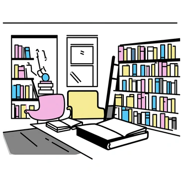 A vintage bookstore with tall, wooden shelves lining the walls. The shelves are filled with various books, their spines visible and displaying a range of colors and titles. A wooden ladder is positioned against one of the shelves, giving access to the higher books. The floor is made of dark wood, adding to the vintage appeal. A small reading nook with a comfortable armchair is located in one corner, beside a window letting in soft natural light. A rustic wooden table is placed near the center, piled with open books.