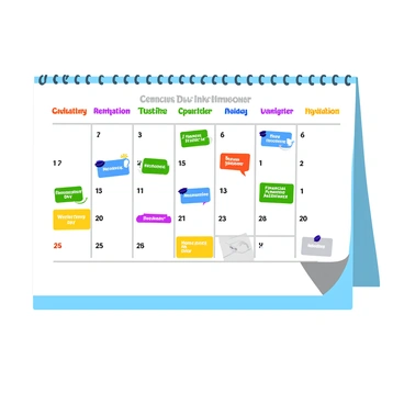 A wall calendar hanging on the wall, with each page displaying a different important life event such as "Graduation Day," "Wedding Day," and "First Home Purchase." Each event is accompanied by a "SudLife benefit" such as "Financial Planning Assistance" and "Home Insurance Guidance." The pages are brightly colored, with illustrations representing each event, like a graduation cap for "Graduation Day" and wedding rings for "Wedding Day." Each page has a clean layout, with clear text descriptions and lively graphics. The calendar is flipped to the current month, showing today's date highlighted in a vibrant color.