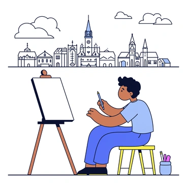 An artist seated at a wooden stool is sketching the historic Lancaster skyline. The skyline features a variety of iconic buildings, including a tall clock tower and several notable church spires. The artist is focused on capturing the details of the architecture, using a pencil that hovers above a large sketchbook. In the background, a few clouds are scattered in the sky, adding depth to the scene. The artist's easel is placed beside them, with a small jar of pencils and erasers visible on the ground.