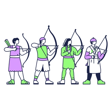 An illustration of archers from different historical periods, each with distinct attire and bows