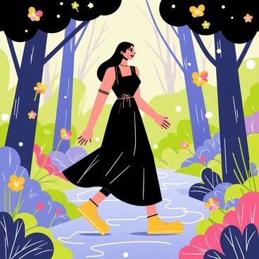 A woman wearing a flowing black dress is wandering through a vibrant enchanted forest. The dress billows gently as she walks, and her long hair flows behind her. Surrounding her are tall, luminescent trees with colorful flowers blooming all around. Small, glowing creatures flit playfully among the branches, illuminating the forest with soft light. In the background, a sparkling stream winds its way through the lush greenery, reflecting the colors of the forest. The atmosphere is filled with whimsy, as magical elements like floating orbs and fluttering butterflies enhance the scene.