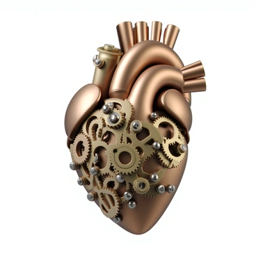 A 3D human heart constructed from intricate mechanical gears, brass pipes, and copper tubing. The heart is detailed with various cogs interlocking seamlessly, showcasing the complexity of the design. There are visible rivets and bolts securing the pipes, with some sections glimmering under light. The surface has a polished chrome finish, with hints of wear and patina, giving it an authentic steampunk appearance. The heart is positioned in the center of the image, with a slightly angled view to emphasize its three-dimensionality and mechanical intricacies.