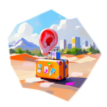 An illustration of a human ear traveling with a suitcase, exploring different landscapes.