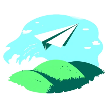 A white paper airplane is caught in a gust of wind, soaring gracefully above a rolling grassy hill. The hill is covered in lush green grass, gently swaying with the breeze. In the background, a few scattered puffy white clouds are visible in a bright blue sky. The airplane tilts slightly as it navigates the air currents, showcasing its delicate structure against the vibrant landscape below.