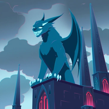 A gargoyle-like statue with an intricate design, featuring sharp angles and a fierce expression, is perched on the edge of a cathedral roof. The statue has glowing eyes that emit a bright, captivating light, contrasting with the dark stone of the structure. Surrounding the cathedral are ornate spires and detailed carvings that showcase gothic architecture, adding to the dramatic atmosphere. This scene is set against a stormy sky, with ominous clouds swirling, enhancing the eerie presence of the statue.