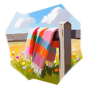 A warm woolen shawl featuring a plaid design in shades of red, green, and blue, is elegantly draped over a rustic wooden fence post. The shawl's texture is rich and inviting, with soft fibers catching the sunlight. In the background, a lush green meadow stretches out, dotted with wildflowers in various colors. The sky above is a clear blue, with a few fluffy white clouds, enhancing the serene atmosphere of the scene. The fence post is weathered, adding a charming touch to the composition.