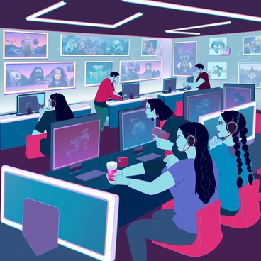 A bustling internet café filled with gamers from diverse cultures. A group of young individuals, including a male gamer with short black hair wearing a headset and a female gamer with long braided hair and glasses, are intensely focused on their screens. There are colorful LED lights illuminating the room, creating a vibrant atmosphere. Several computer stations are arranged in rows, each equipped with high-end gaming gear. Various posters of popular video games decorate the walls. A barista is serving drinks at a counter adorned with gaming merchandise, while other patrons are engaged in animated discussions about their strategies and experiences in the games they are playing.